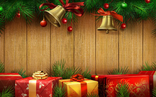 Christmas presents bells wooden background - a wooden background free wallpaper