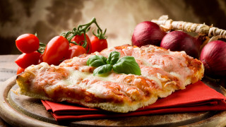 Pizza cheese tomatoes wooden table - a pizza free wallpaper