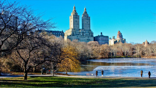Couple walking park lake building - a matte painting free wallpaper
