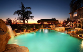 Waterfall pool cityscape night architecture - elbridge ayer burbank free wallpaper