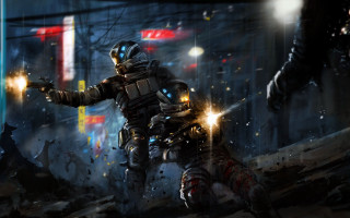 Futuristic man city street night 2 - a gun in a city street free wallpaper
