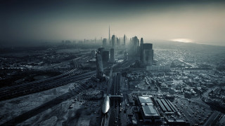 City tallbuildings traintrack cloudy sky - matte painting free wallpaper for desktop