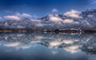 Mountain lake town clouds sunset - magic realism free wallpaper for desktop