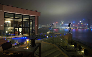 Cityscape glassrailing nightlights neon skyscraper - luxury free wallpaper