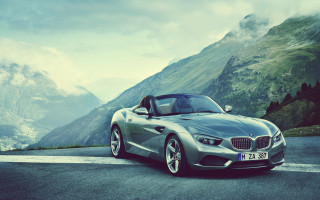 Silver car mountain road clouds - a mountain range in the background free wallpaper