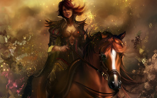 Woman horse forest flower butterflies - golden free wallpaper