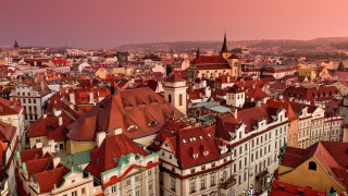 Cityscape tiltshift florence engelbach pagoda - a pink sky in the foreground free wallpaper