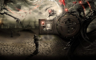 Man standing machine field wires - dystopian art free wallpaper