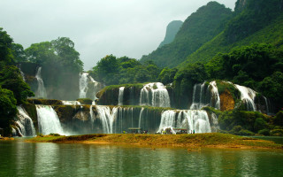 Waterfall boat mountain people nature - the shore free wallpaper
