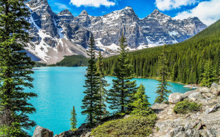Mountain lake trees rocks blue 8 - a mountain lake free wallpaper