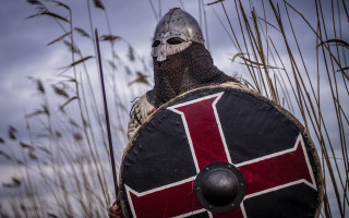 Medieval armor man shield sword - tall grass free wallpaper
