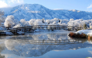 Bridge lake mountain snow trees 2 - beautiful scenery free wallpaper