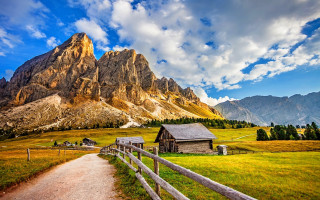 Wooden fence house mountains blue - a matte painting free wallpaper for desktop