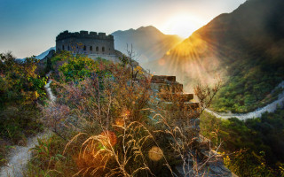 Mountain castle sunset landscape lensflare - dai xi free wallpaper