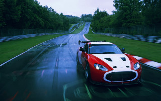 Red white sports car rainy - a green field free wallpaper