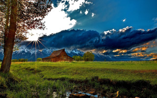 Barn field mountain stream landscape - a barn in a field free wallpaper