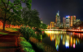 City skyline night water path - the waters edge free wallpaper