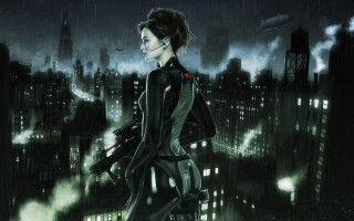 Futuristic city woman gun cyberpunk - her hand and a gun free wallpaper