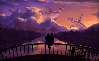 Couple bird painting sunset bicycle - over a lake free wallpaper