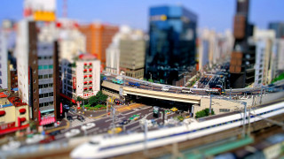 City train bridge cars bokeh - tilt shift free wallpaper