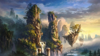Mountain landscape waterfall bridge castle - matte fantasy painting free wallpaper