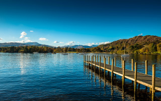 Lake dock mountains blue sky - lake free wallpaper