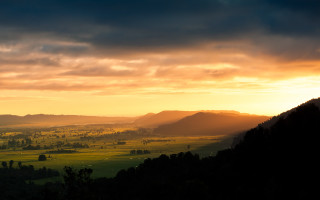 Sunset valley mountains clouds trees - sunrise free wallpaper
