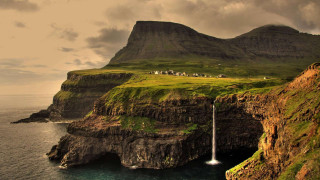Waterfall cliff ocean house landscape - a house free wallpaper for desktop