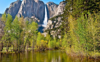 Waterfall river trees blue sky 3 - ansel adams free wallpaper