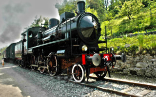 Black train engine forest hillside - a train car free wallpaper