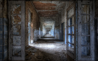 Long hallway broken door brick - a few window free wallpaper