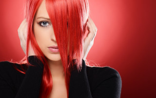Redhair woman blackshirt redbg hands - claire falkenstein free wallpaper