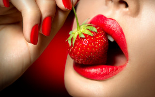 Woman rednails strawberry lip holding - a red lip free wallpaper