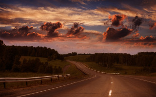 Sunset road clouds trees horizon - a sky free wallpaper