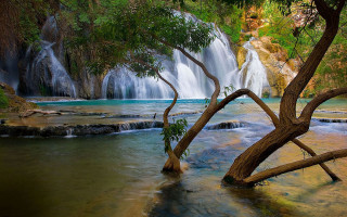 Waterfall tree lake mountain nature - a waterfall free wallpaper for desktop