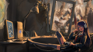 Woman computer headphones volcano background - headphone free wallpaper