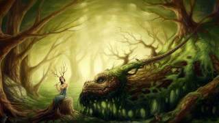 Woman dragon face forest stump - a painting of a woman free wallpaper