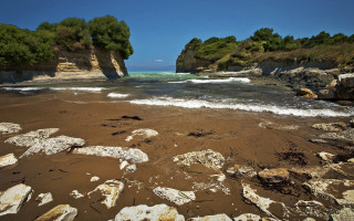 Rocky beach trees water cliff - a rocky beach free wallpaper