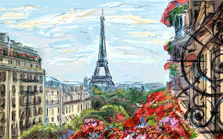 Eiffel tower flowers balcony impressionist - impressionist painting free wallpaper