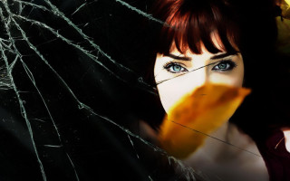 Woman blueeyes yellowleaf brokenwindow night - a broken glass window free wallpaper