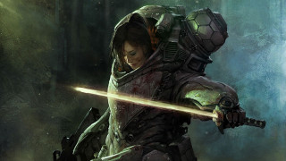 Futuristic woman glowing sword forest - bayard wu free wallpaper