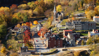 Small town train church autumn - tilt shift free wallpaper