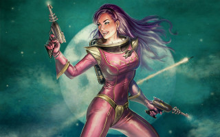 Woman pink suit moon space - her hand and a moon in the background free wallpaper