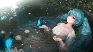 Blue haired woman butterfly water - a pond of water free wallpaper