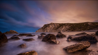 Rocky beach mountain dusk long - rich moody colour free wallpaper