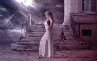 Woman white dress staircase mountain - a staircase free wallpaper