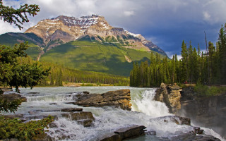 Mountain waterfall trees river nature - a waterfall in the middle of it free wallpaper