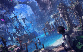Girl ship dock fantasy matte - rossdraw global illumination free wallpaper