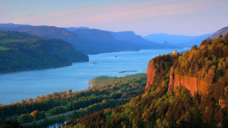 Scenic lake mountains trees evening - a scenic view of a lake free wallpaper