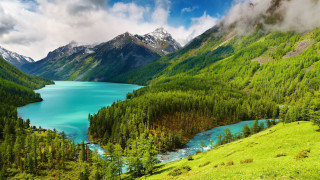 Mountain lake forest cloudy sky 2 - green tree free wallpaper